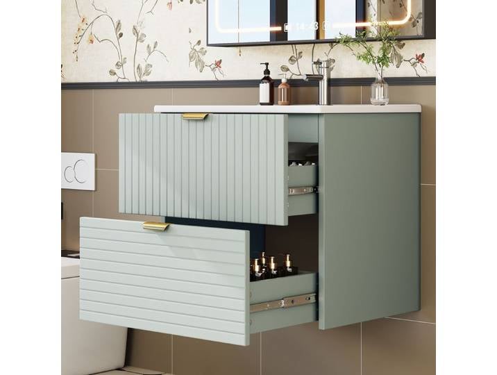 Meuble sous vasque 61*46*57cm Lavabo suspendu mural MDF entièrement peint Deux tiroirs silencieux Évier intégré