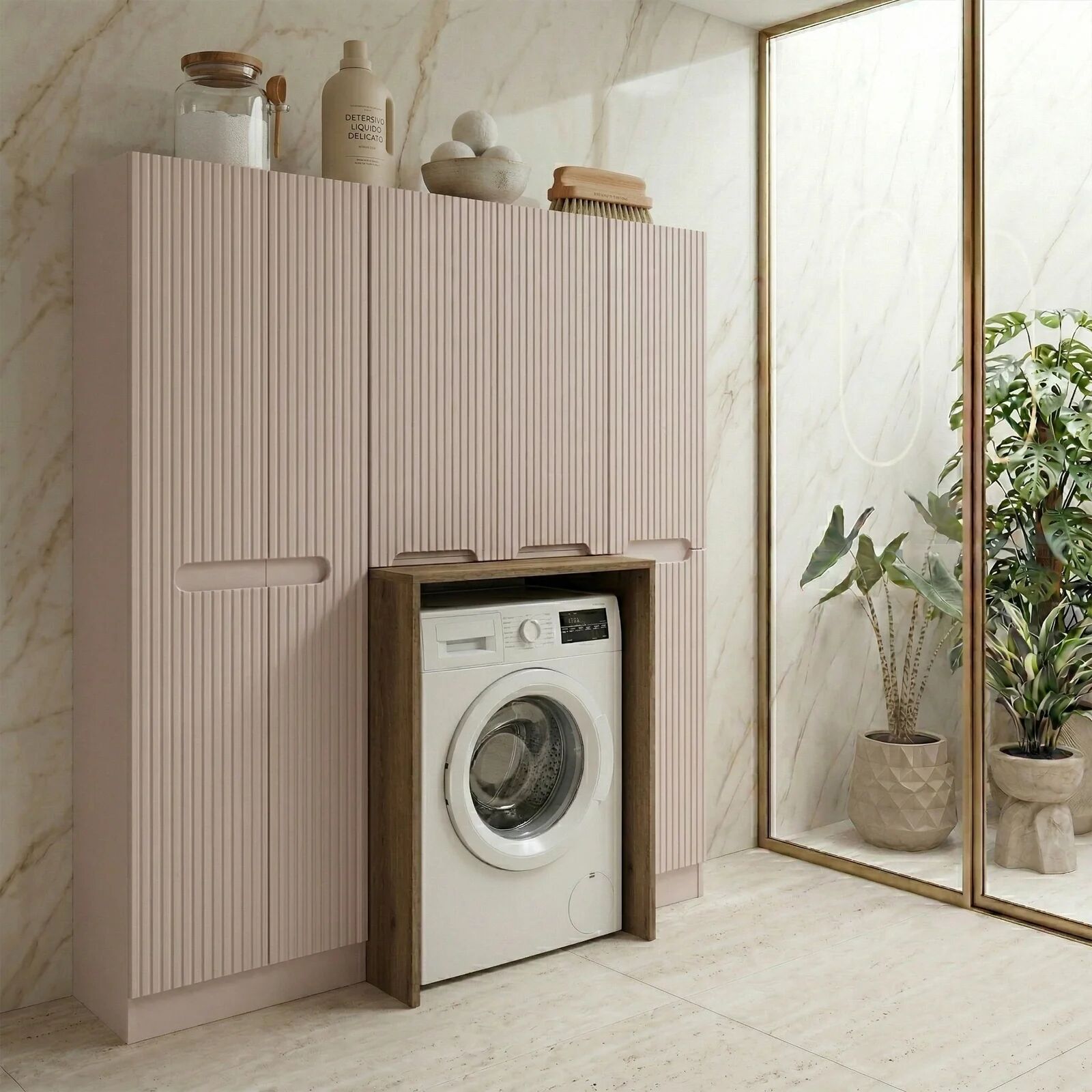 garneroarredamenti Mobile lavatrice lavanderia 165x180h cm con portabiancheria cannettato beige Cleany
