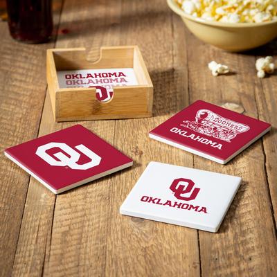 Evergreen University of Oklahoma 4-Piece Ceramic Coasters Set with Wood Caddy