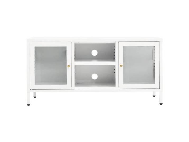 LVL - MEUBLE DE SEJOUR - Meuble TV Blanc 105x35x52 cm Acier et verre(9014)
