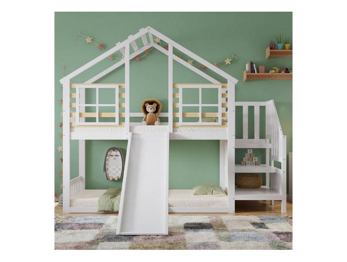 LuxusKollektion Etagenbett Etagenbett Kinderbett 90x200 mit Rutsche Fenster Weiß (1-St)
