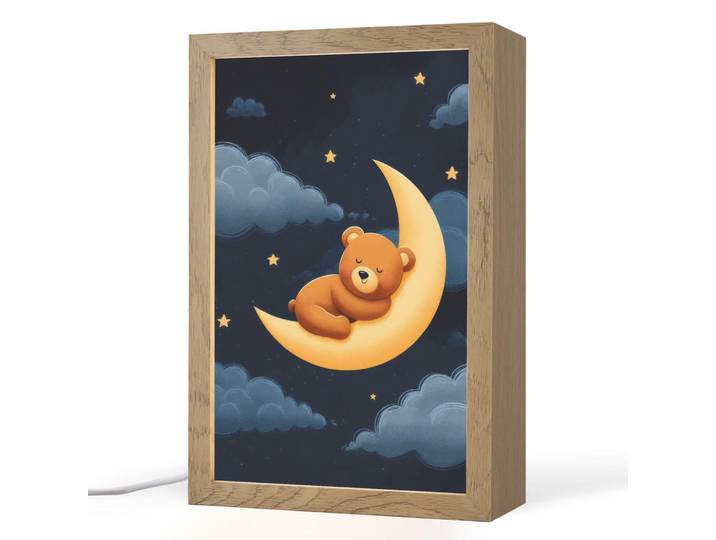 OnlyWow Nachttischlampe - Teddybär - Mond - Wolken - Sterne - 20x30 cm, Dunkelblau, Holzwerkstoff, Rechteckig, LED integriert, 20x30x8 cm, Lampen & Leuchten, Innenbeleuchtung, Nachtlicht