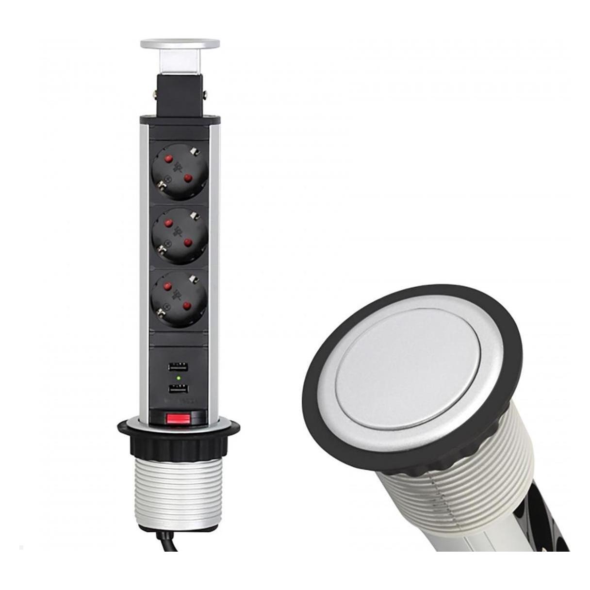 TecLines TVS009S versenkbare 3-fach Steckdosenleiste mit 2x USB, silber (TVS009S)