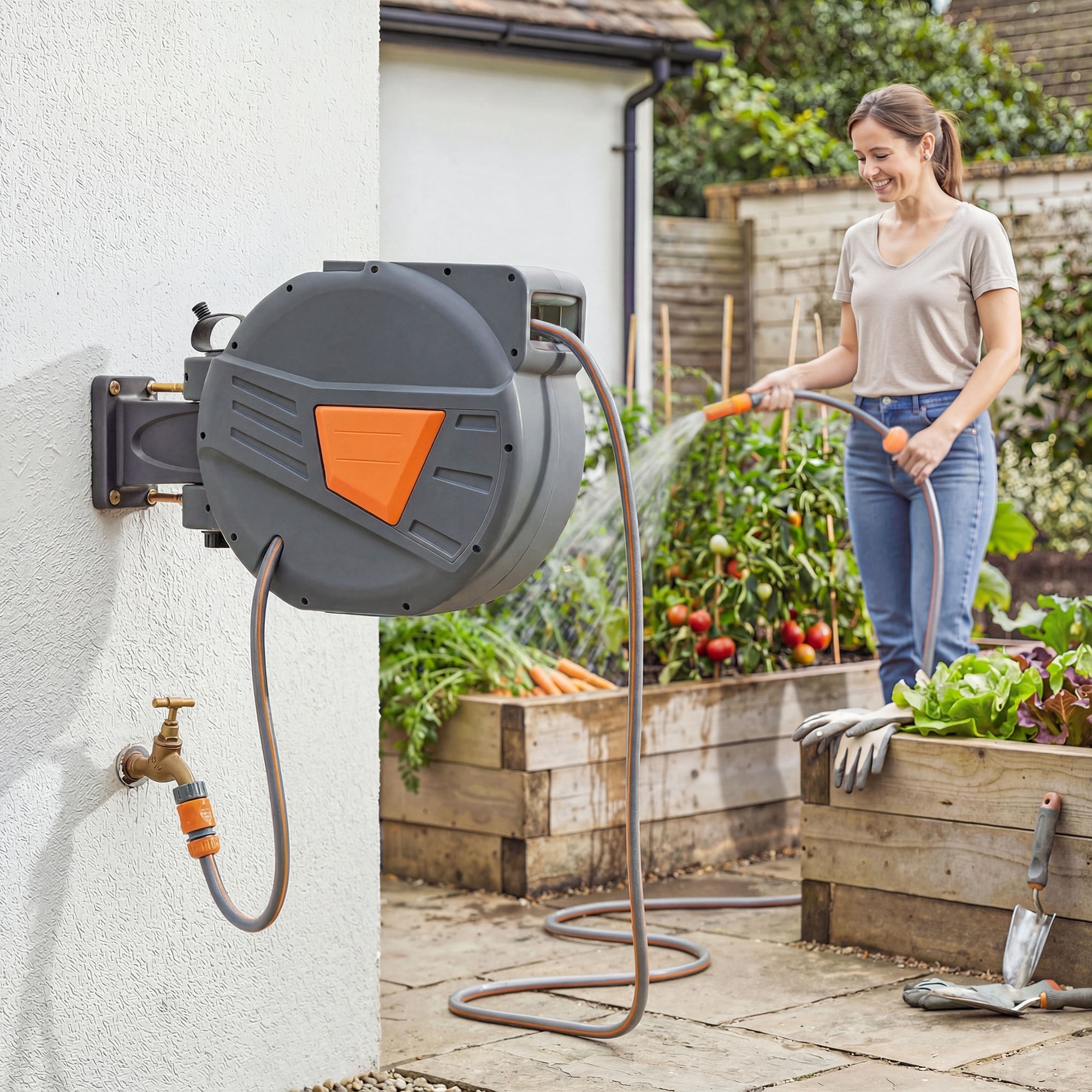 Outsunny Avvolgitubo Retrattile 20+1,6 m con Lancia a 2 Modalità Blocco Automatico Retrazione Controllata Supporto Arancione   Aosom Italy