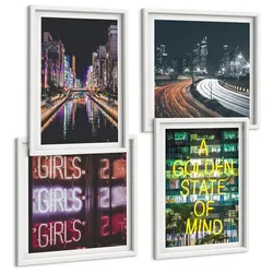BILDER SET 4er Set - 50x50 cm & 40x60 cm Weißer Rahmen - Neonreklamen in der Stadt bei Nacht