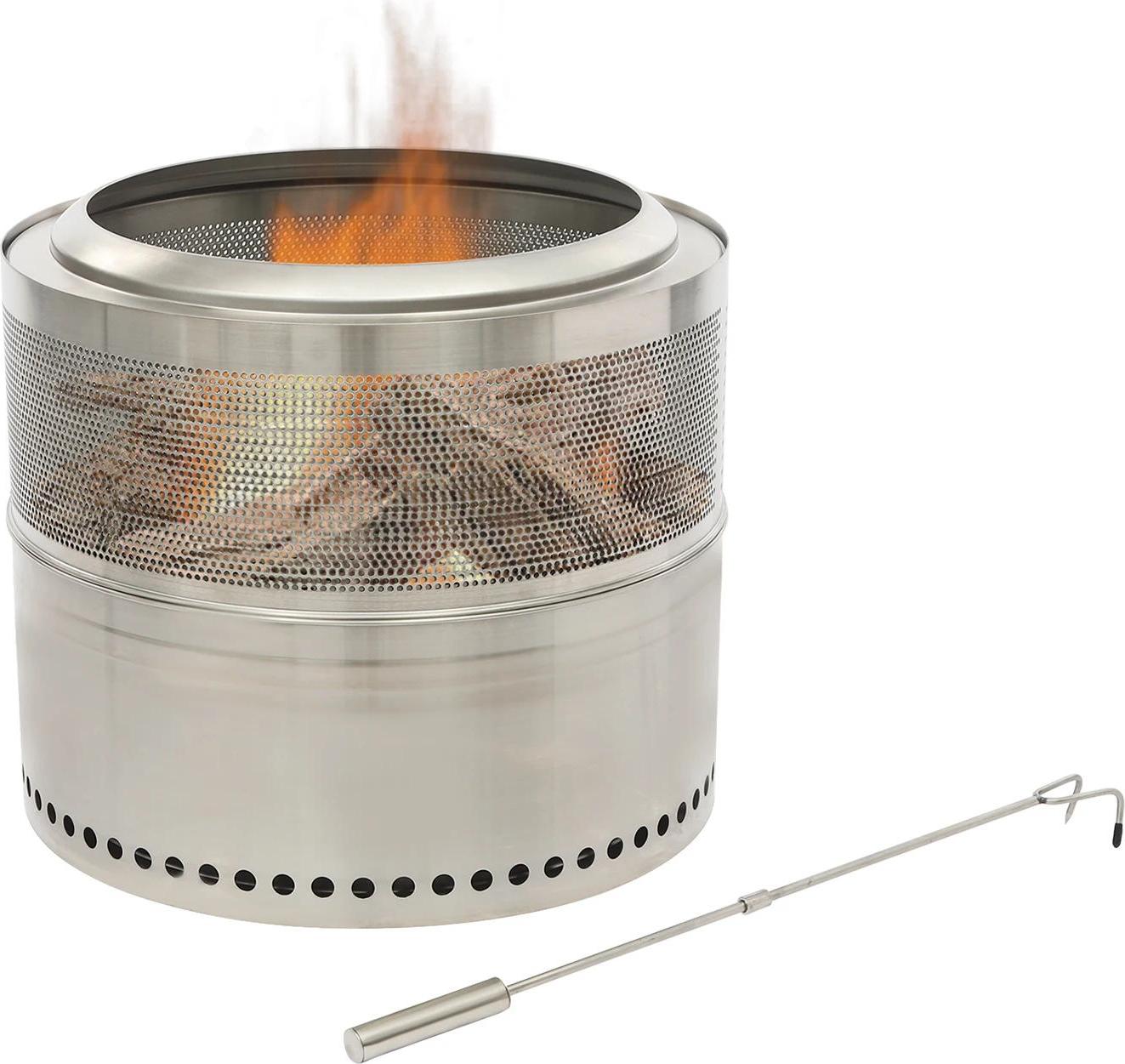 Outdoor Camping Holzofen/Feuerstelle - Rundes Modell - 50×40 cm - 201 Edelstahl - Tragbar, holzbefeuert (Holz nicht enthalten) - Feuerhaken 63 cm - Silber