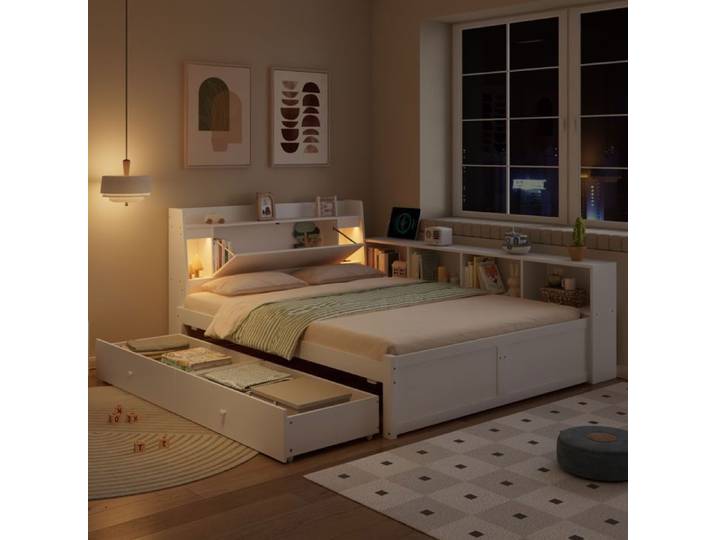 lit gigogne SEYAKANY-90x200cm-Lit double-avec compartiment de rangement + 2 lumières avec prise de charge-blanc