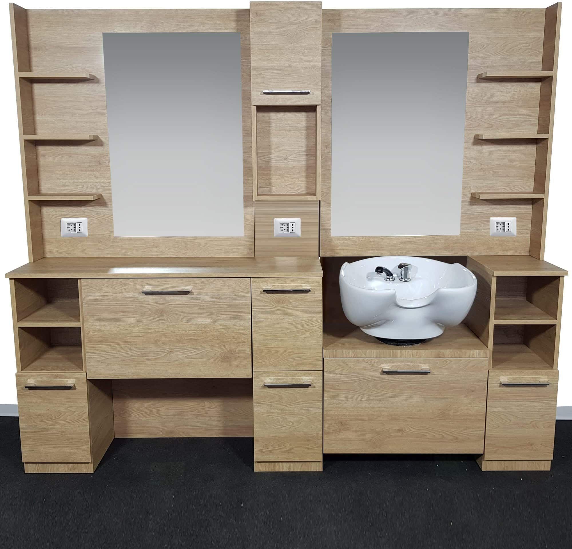 Postazione doppia da barbiere barber shop parrucchiere con lavabo lavello in legno made in Italy italiana personalizzabile