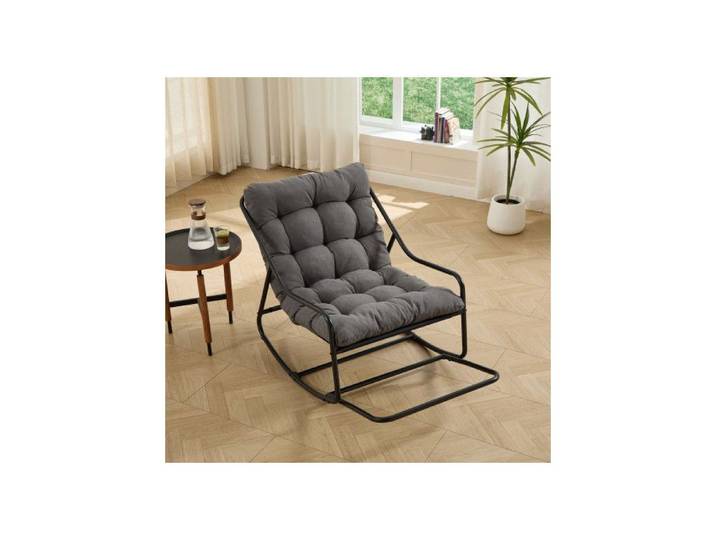 Fauteuil à bascule extérieur ultra-confortable cadre métal noir et coussin gris doux