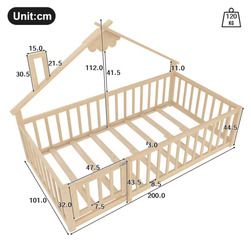 Kinder-Hausbett - Einzelbett - 90 x 190 cm - Kiefernholz - Abschließbares Schutzgitter - Natur