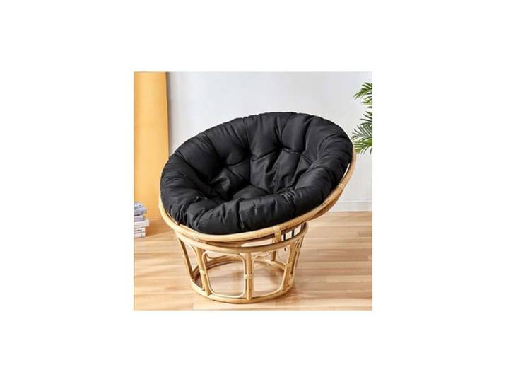 Fauteuil Papasan en rotin - Chaise pour Extérieur ou Intérieur - Coussin noir - D 110 cm x H 90 cm