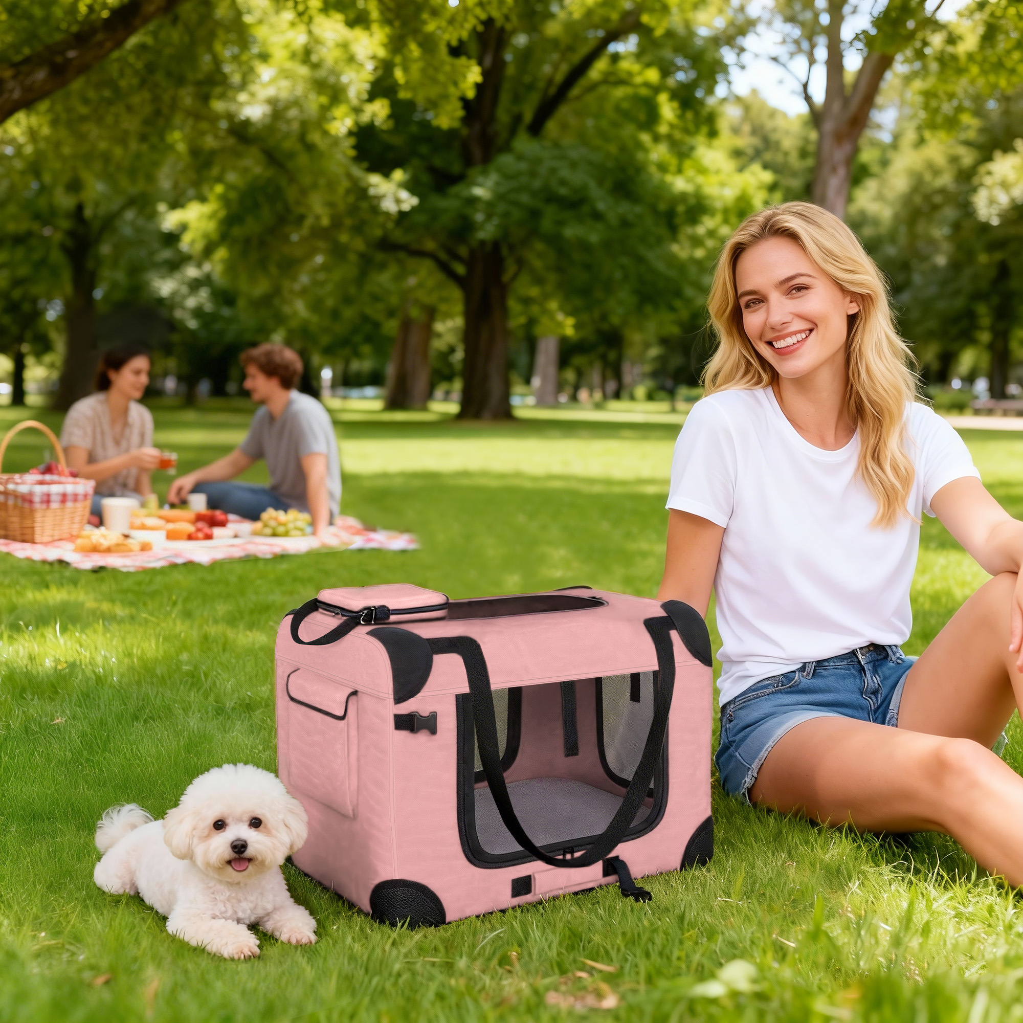 Pawhut Trasportino per Cani Pieghevole con Finestre in Rete, Cuscino Morbido e 2 Maniglie, per Mini Cani e Gatti, 60x41,5x41 cm, Rosa   Aosom Italy