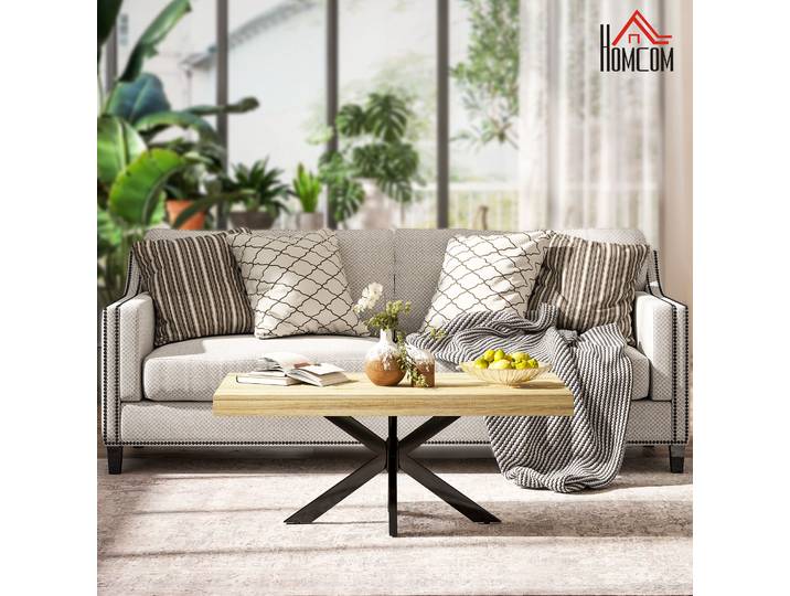 HOMCOM Table Basse Industrielle Métal Noir Plateau Bois 110x60x45cm