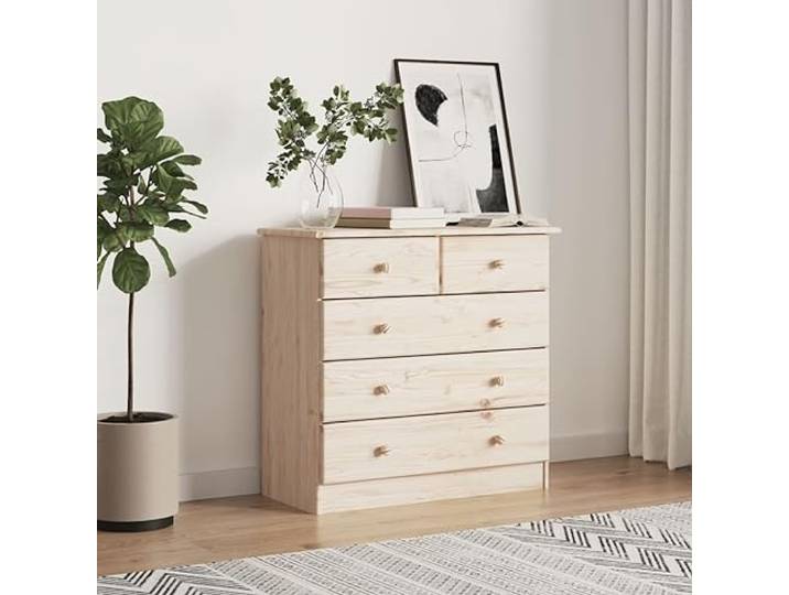 HKQWPBF Kommode ALTA 77x35x73 cm Massivholz Kiefer mit 5 Schubladen Massives Kiefernholz, unbehandelte Oberfläche, Holzgriffe, vielseitig streichbar, robuste Verarbeitung