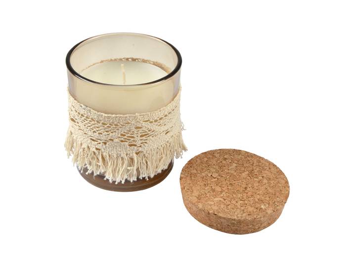 Duftkerze Blumenromanze, Stimmungskerze im Glas mit Makramee, Ø 7 x H 8 cm