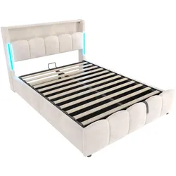 POLSTERBETT samt beige 140x200cm mit stauraum led usb