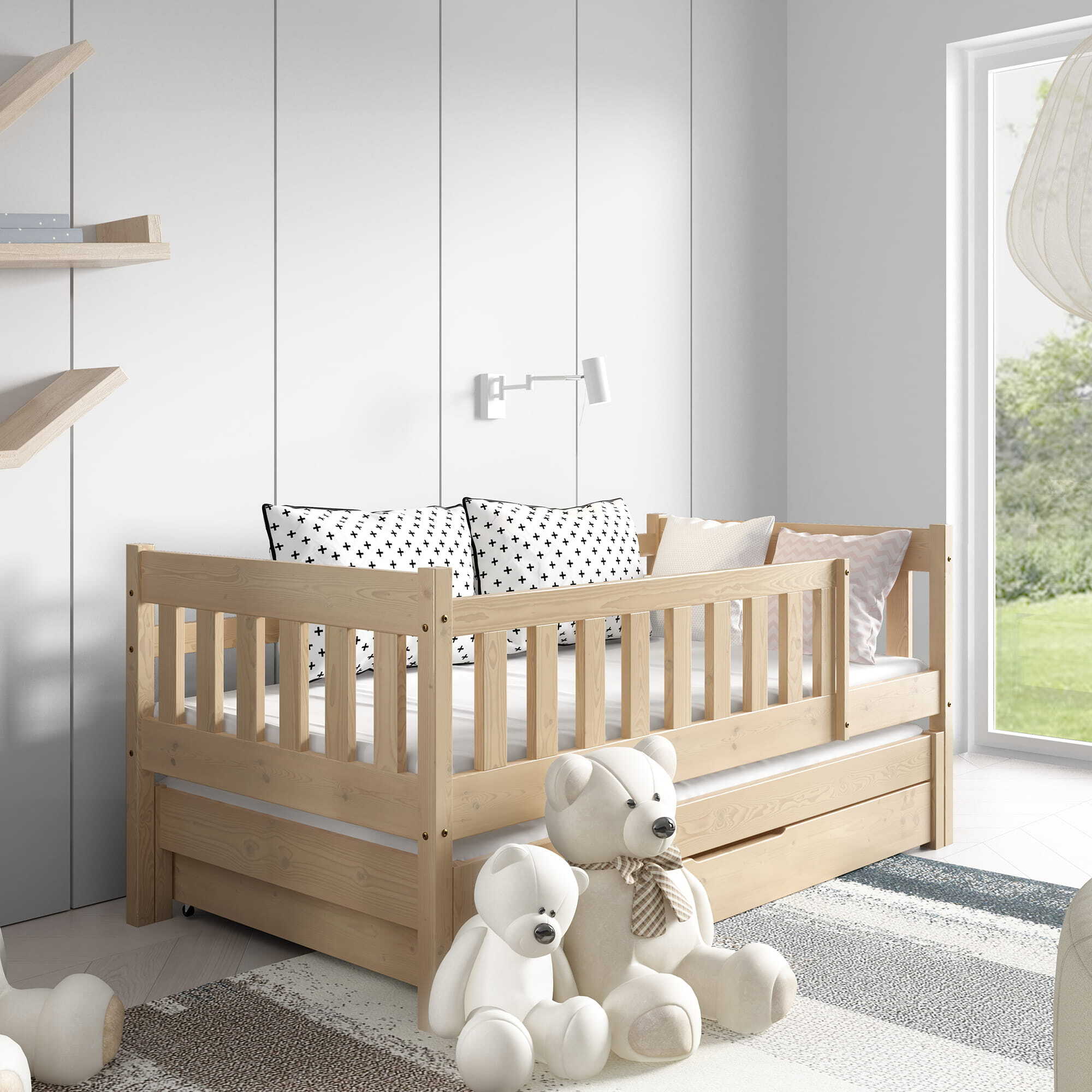 Kinderbett 160 x 80 cm mit Matratze, Unterbett und Schublade, Doppelbett mit Rausfallschutz Kiefer KAJA