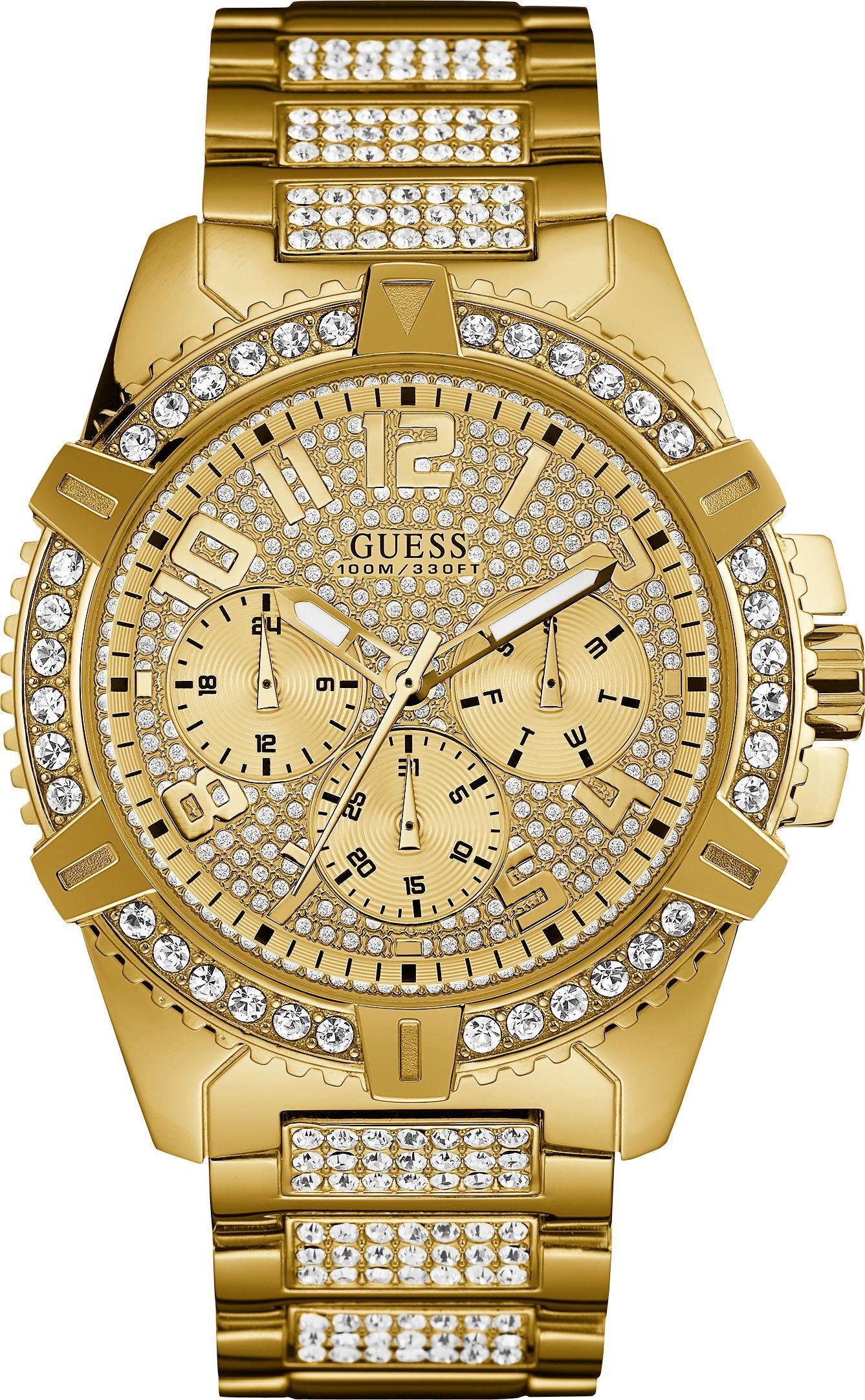 Multifunktionsuhr GUESS "FRONTIER", gold (goldfarben, champagnerfarben), Armbanduhren, Herren, goldfarben, Multifunktionsuhr, Armbanduhr, Quarzuhr, Herrenuhr, Zirkonia (synth.), Edelstahlarmband