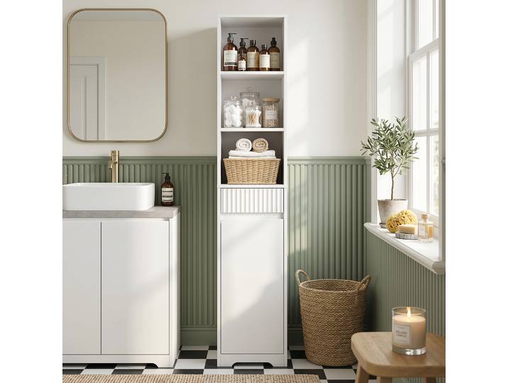 HOMCOM Meuble Salle de Bain Haut Rangement Porte Tiroir Blanc