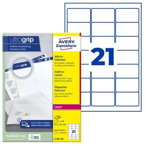 AVERY Zweckform 2.100 Adressetiketten L7160-100 weiß 63,5 x 38,1 mm