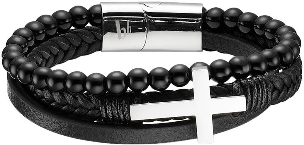 Lederarmband BRUNO BANANI "Schmuck", schwarz (edelstahlfarben, schwarz, schwarz), Armbänder, Damen, 21cm, Edelstahl Leder, Edelstahl, Leder, Lederarmband, mit Achat edelstahlfarben, schwarz, schwarz 21cm, Edelstahl Leder