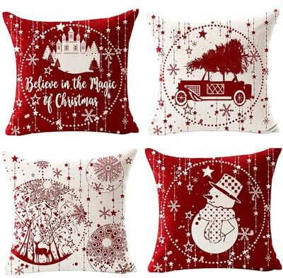 Multicon Wholesale Hub Car With Tree Deer Happy Winter, Linen Pillowcase Cushion Sofa Living Room, Merry Christmas Snowflake Ball Red Cover 2 45x45cm