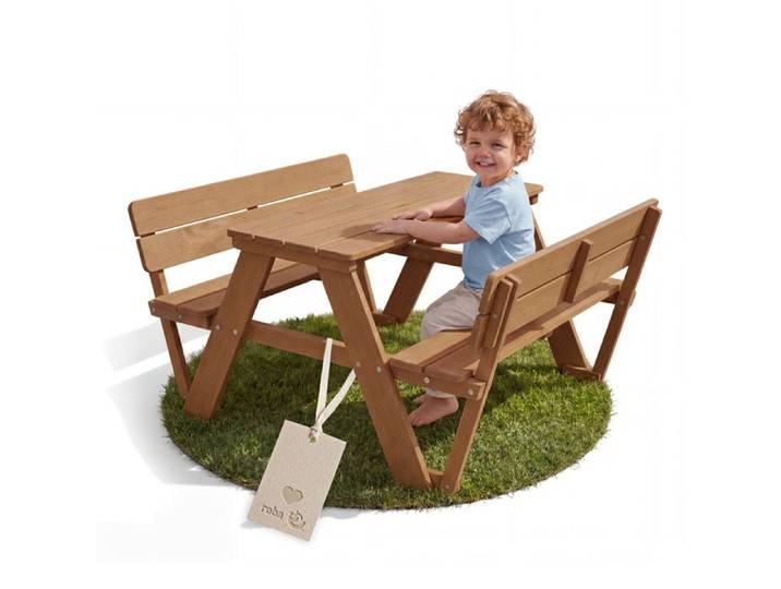ROBA Table Pique-Nique Enfants Outdoor + en Bois Massif - avec Dossiers - Table d'Extérieur 4 Places - Teck