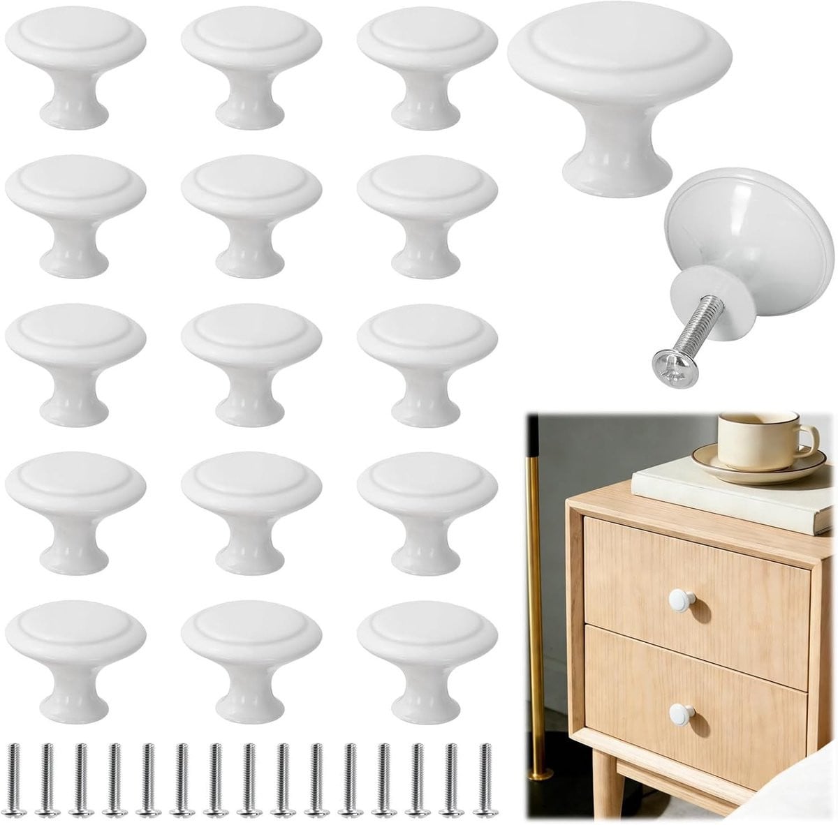 15 stuks Witte Ronde Vintage Meubelknoppen van 30mm met Schroeven voor Keuken en Kasten