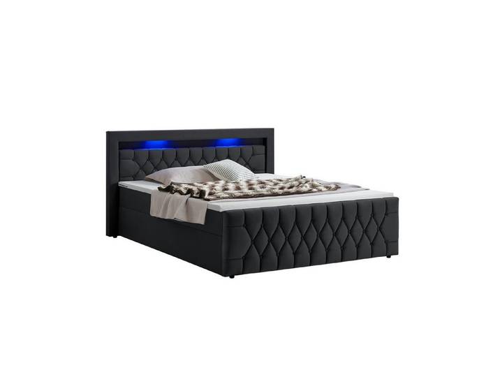 Juskys Polsterbett Leona, 140x200 cm, Boxspringbett-Optik, Samt-Bezug, LED-Licht, H4 Matratze