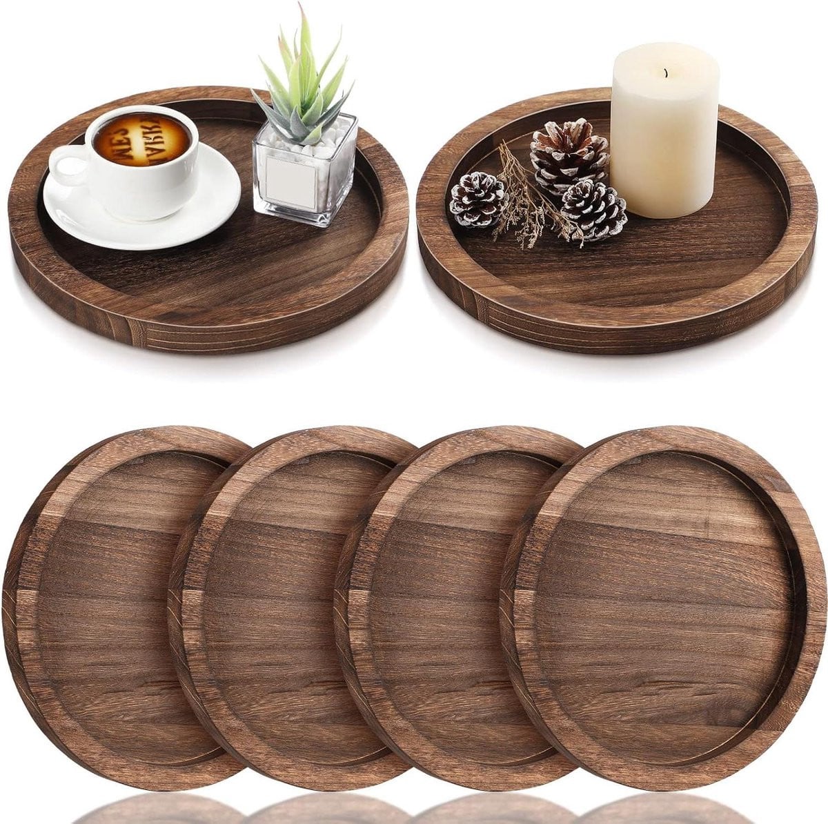 Decoratief houten serveerblad in bruin met een diameter van 28 cm