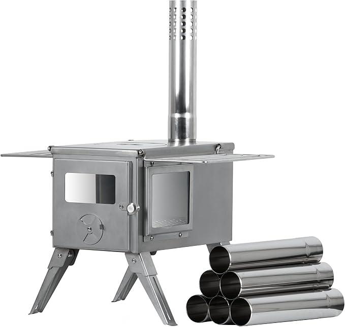 Edelstahl Zeltofen | 51,5 x 42 x 216 cm | silber | Tragbarer Holzofen für Camping, Outdoor, Zelt | Zeltheizung Camping, Zeltofen Holz, Tent Stove, Zelt Ofen Outdoor