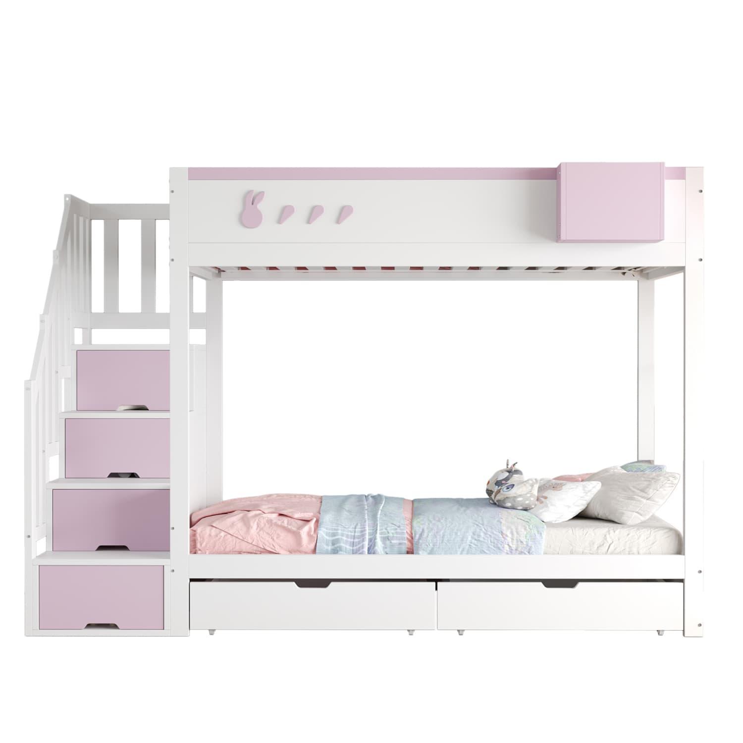 Etagenbett Kinderbett(Pink)Mit Kaninchen- und Karottenmotiven,Abnehmbarem Ablagefach, Sicherer Aufbewahrungsleiter,Schubladen,Lattenrost,Doppelbett