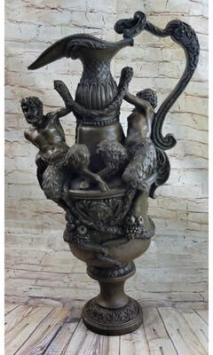 Bronzhaus Bronze Urn Sculpture Two Satyr Faun Figures Ornate Art Auguste Moreau 24 Inches X 14 Inches