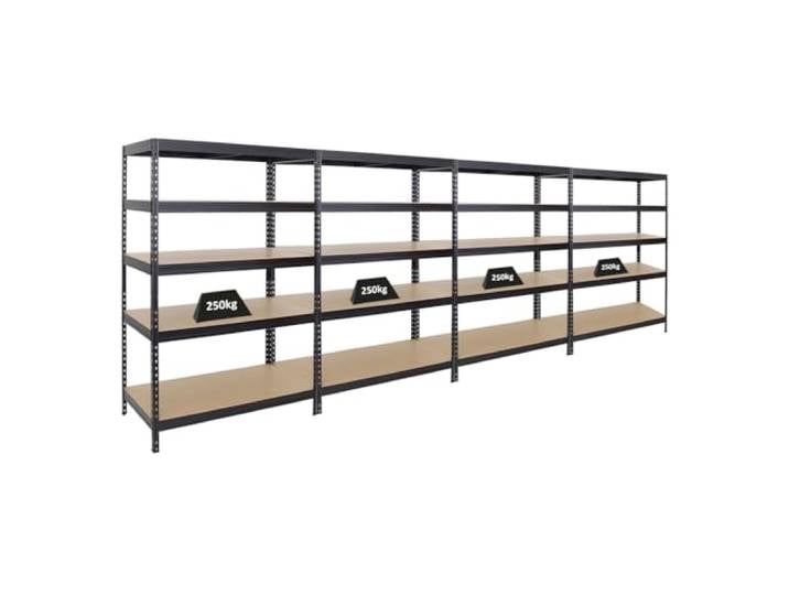 PROREGAL Mega Deal 4er-Set Schwerlastregal Rivet HxBxT 180x120x60cm Fachlast 250kg Schwarz Innovatives Stecksystem, Verzinkt, Garagenregal, Lagerregal, Kellerregal