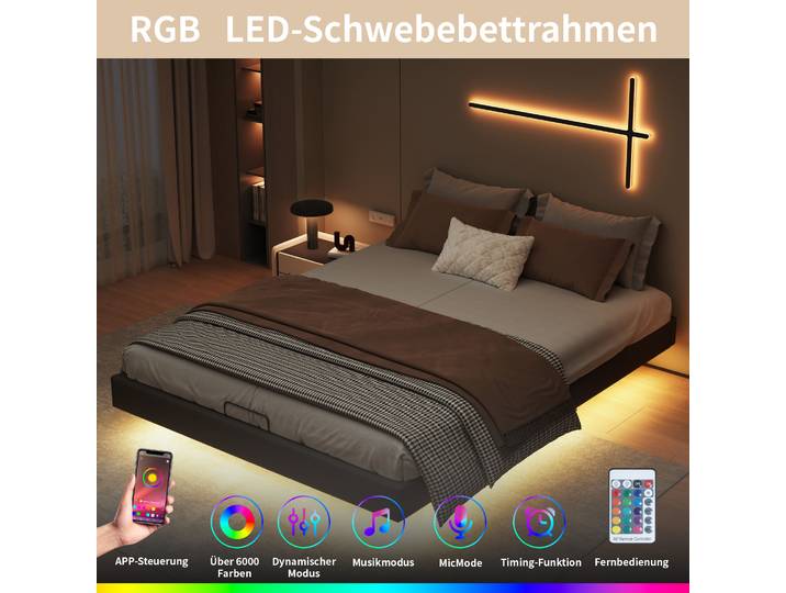 Cadre de lit Comanlai 160x200cm avec éclairage LED et espace de rangement, cadre de lit flottant avec sommier à lattes en métal, sans matelas