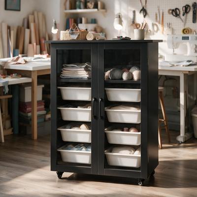 FUFU&GAGA Tempered Glass Door Sewing Storage Cabinet with 8 Removable Bins & Locking Casters for Craft Room
