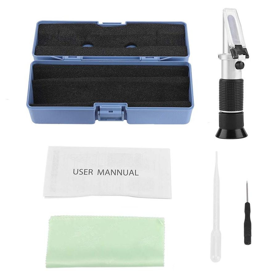 Dripio Handrefractometer met aluminium behuizing, meetbereik 0-25% volume, 0-40% Brix en 0-22 Baumé