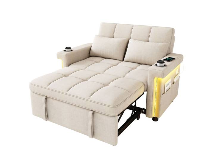 Canapé convertible en chenille beige avec led