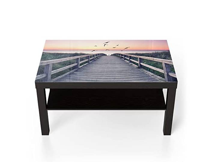 DEQORI Glastisch schwarz groß 90x50 cm Motiv Dünenweg im Abendlicht ausgefallener Beistelltisch aus Glas Hochglanz Couchtisch fürs Wohnzimmer moderner Couch Tisch mit Design