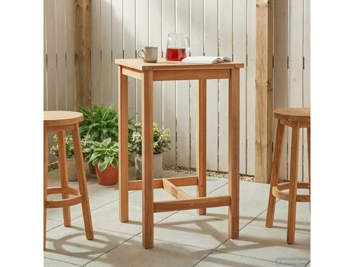 KPOUTRFG Bartisch Natur 60 x 60 x 105 cm Massiv-Teak Wetterbeständig, Laminierte Tischplatte, Eingebauter Fußrest, Für Terrasse Und Garten