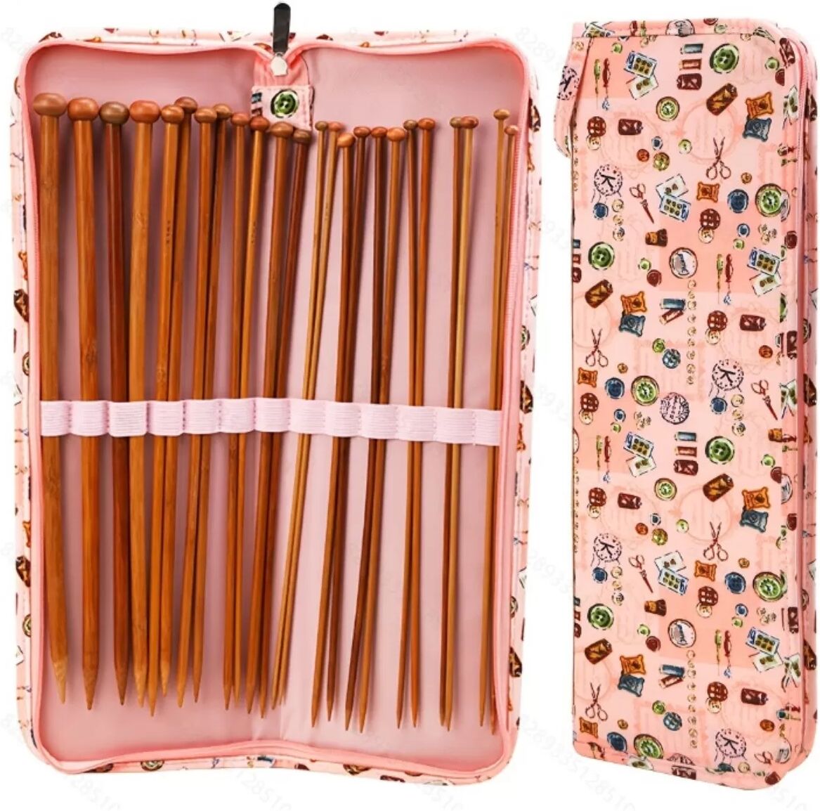 INF DIY karbonisierte Bambus-Stricknadeln Einzelnadel Set 25 Stück 35cm mit Maßband und pinkem Nähmuster-Etui