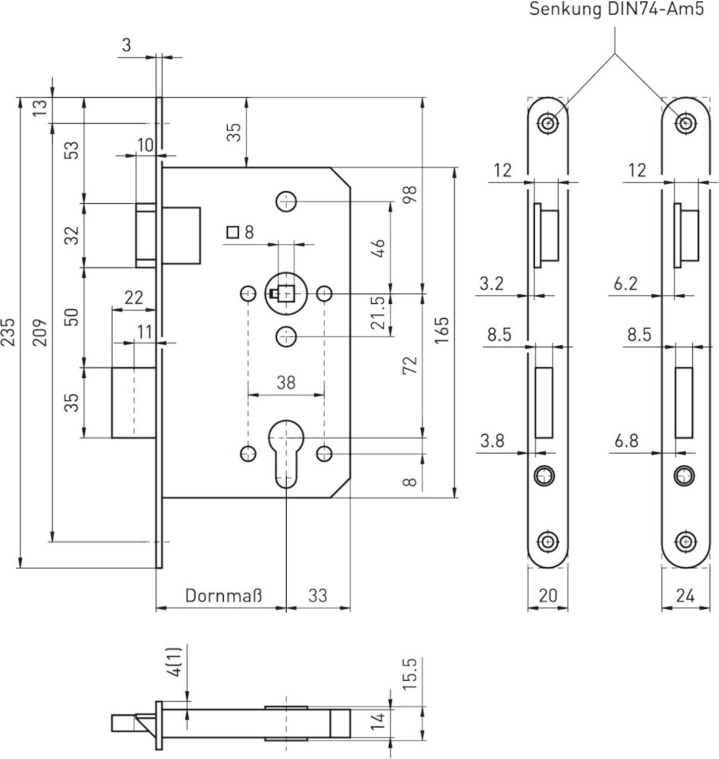 BMH Zimmertür-Einsteckschloss 300,PZW72/8,D65,F20 ; Beyer & Müller (0300.000193)