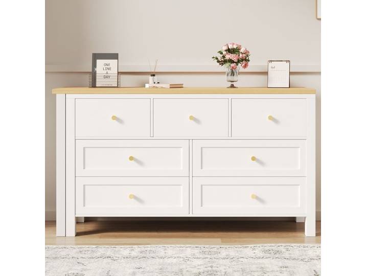 Bureau d'Angle 120x40x70 cm - Buffet avec Bureau Pliable 2-en-1 7 Tiroirs Plateau Pivotant 360° Rangement Latéral Blanc/Naturel