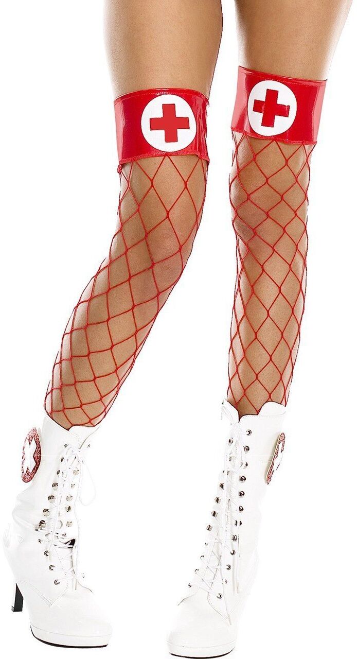 Music Legs Bas filet rouges autofixants jarretières brillantes et croix infirmière