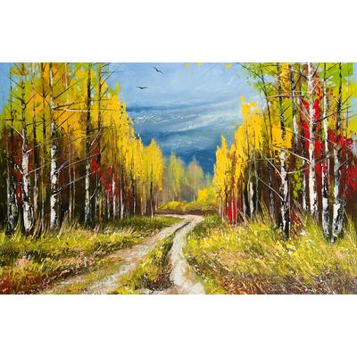 Fototapete PAPERMOON "WALD-WEG-MALEREI HERBST LANDSCHAFT GEBIRGE BLUMEN NATUR", bunt, B:3,5m L:2,6m, Vlies, Tapeten