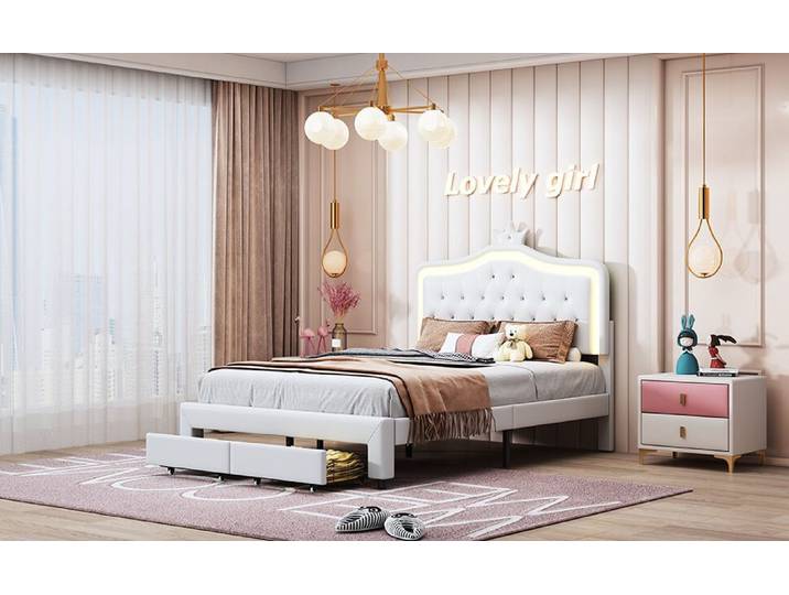 Furnishings Home Polsterbett Doppelbett mit Schubladen + LED-Licht (Set, Bett), Hausbett, mit Schubladen, mit LED-Licht
