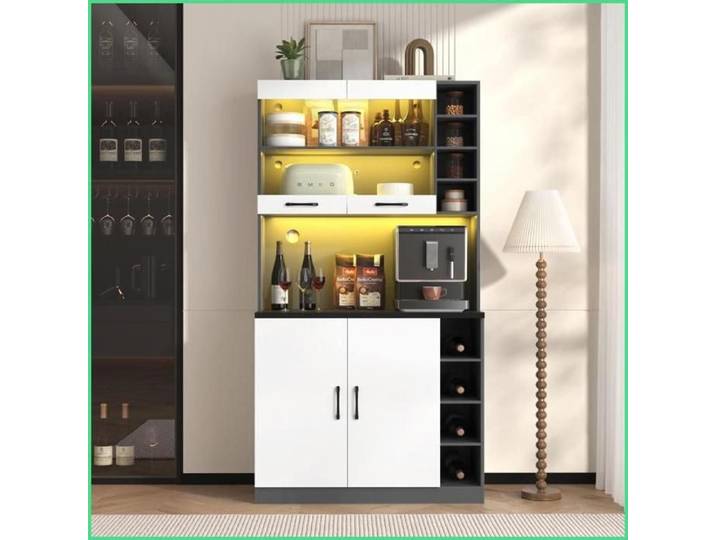 Sideboard Buffet - Éclairage LED - Blanc & Gris - Espace Microwave & Rayons Réglables