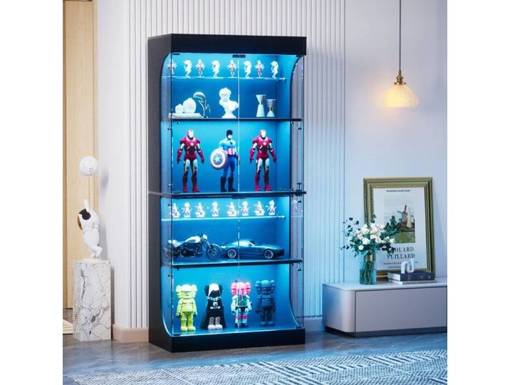 Vitrine en verre LED - Noir - 80 x 35 x 165 cm - portes vitrées - capteur de mouvement