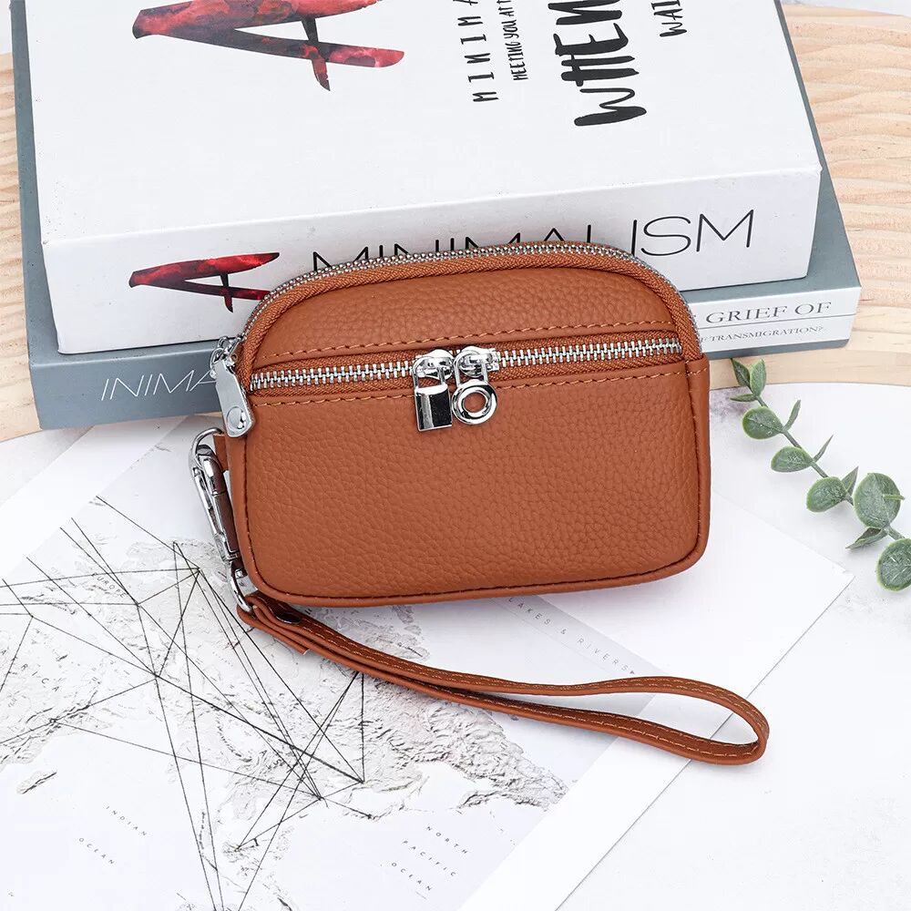 INF Kleine Damenbrieftasche mit Reißverschluss, Mini-Geldbörse aus echtem Leder mit Münzfach Braun