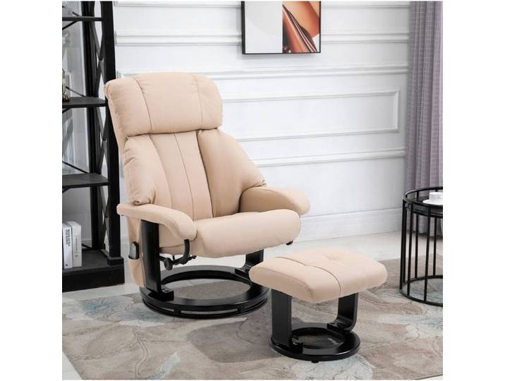 Fauteuil relax massant pivotant 360° avec repose-pieds – Beige – Simili cuir